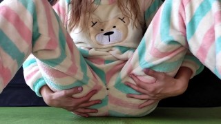 schoolgirl with small tits in pajamas masturbate pussy and squirting orgasm